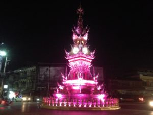 Chiang Rai Clock Tower changing colour at 20:00