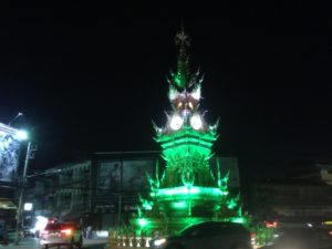 Chiang Rai Clock Tower changing colour at 20:00