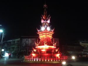 Chiang Rai Clock Tower changing colour at 20:00