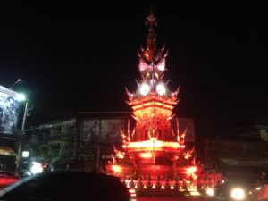 Chiang Rai Clock Tower changing colour at 20:00