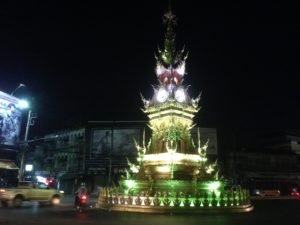 Chiang Rai Clock Tower changing colour at 20:00