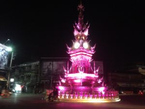 Chiang Rai Clock Tower changing colour at 20:00