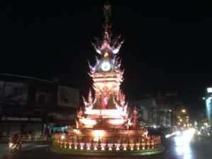 Chiang Rai Clock Tower changing colour at 20:00