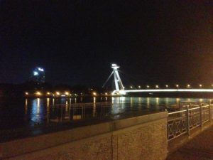 Most SNP Bridge across the Danube at night